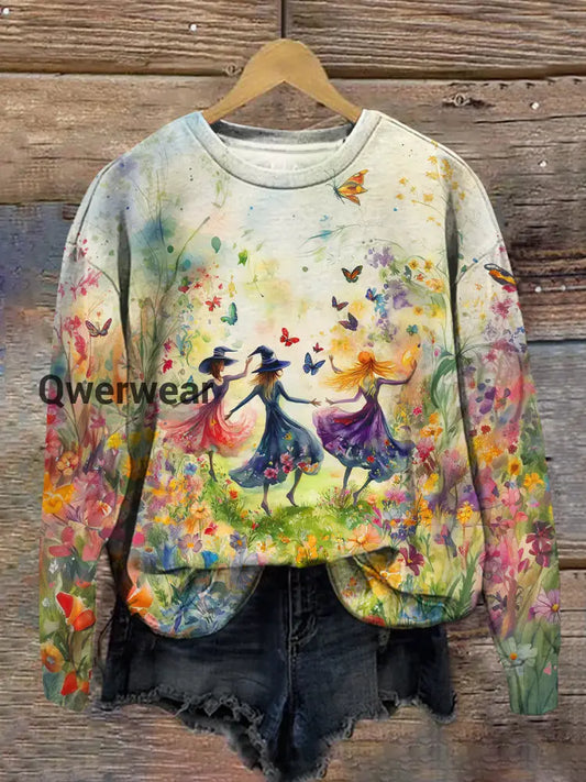 Witch Sisters Art Print Unisex Crew Neck Long Sleeve Casual Sweatshirt White / S