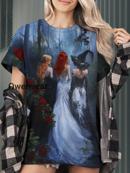 Witch Sisters Art Print Unisex Round Neck Short Sleeve Casual T-Shirt