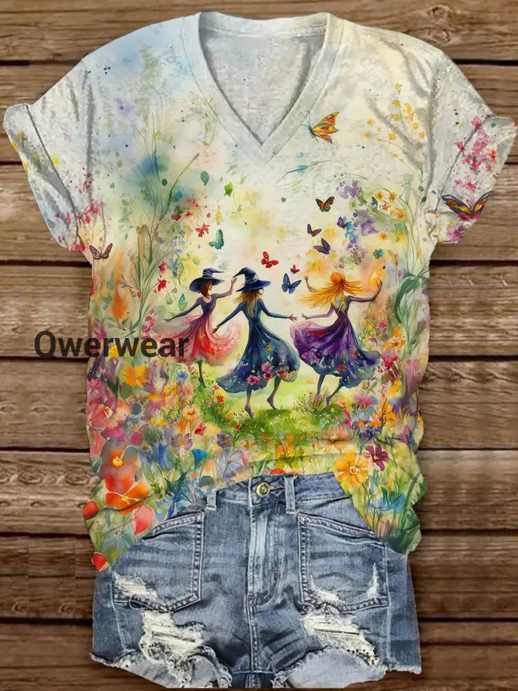 Witch Sisters Art Print Unisex V-Neck Short Sleeve Casual T-Shirt White / S