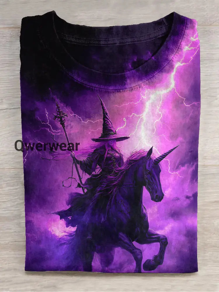 Witch Unicorn Art Print Unisex Round Neck Short Sleeve Casual T-Shirt Deep Purple / S