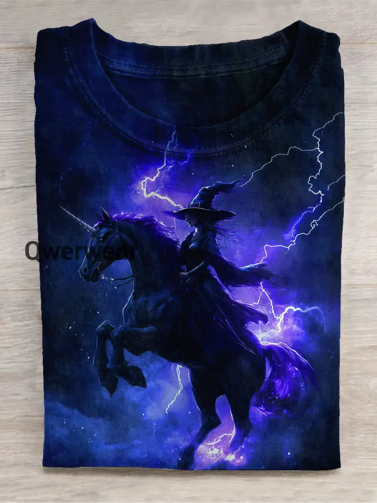 Witch Unicorn Art Print Unisex Round Neck Short Sleeve Casual T-Shirt Navy Blue / S