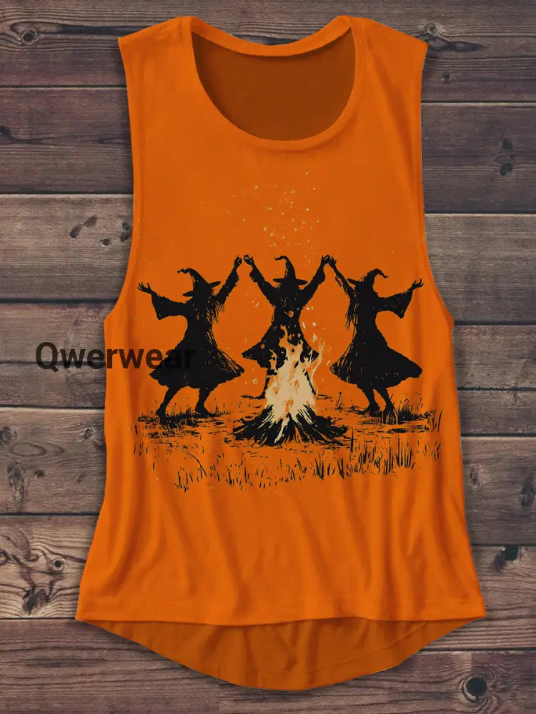 Witches Bonfire Ritual Art Print Unisex Casual Tank Top Orange / S