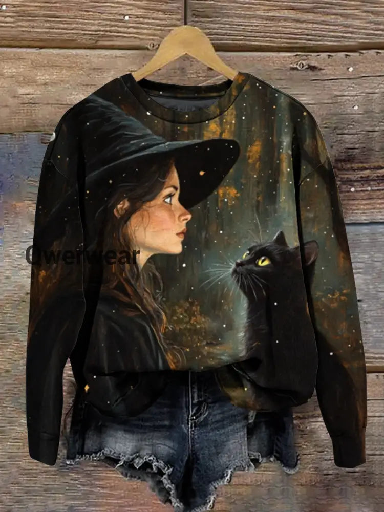 Wizard Witch Magic Hat Art Shirt Printed Round Neck Long Sleeve Casual Sweatshirt Black / S