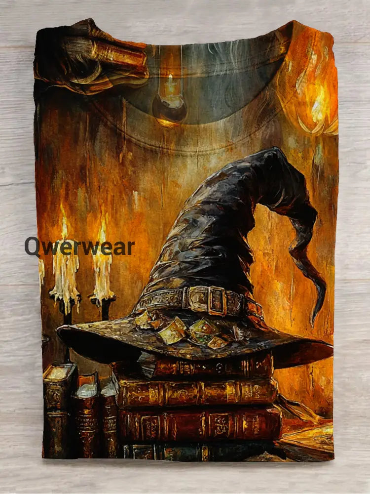 Wizard Witch Magic Hat Art Shirt Printed Round Neck Short Sleeve Casual T-Shirt Black Orange / S