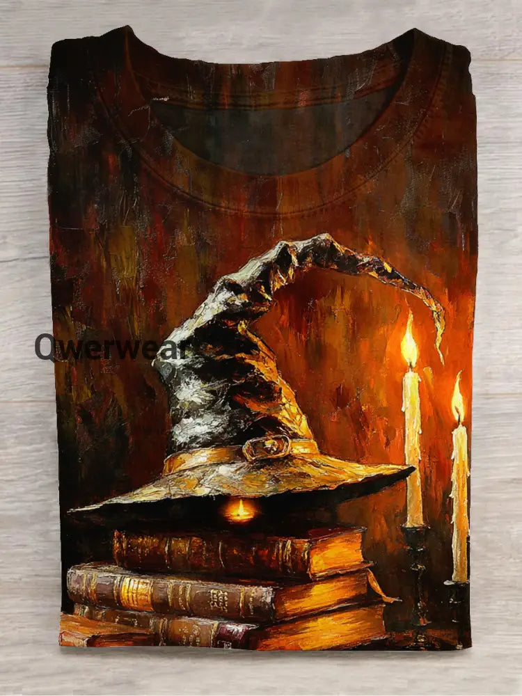 Wizard Witch Magic Hat Art Shirt Printed Round Neck Short Sleeve Casual T-Shirt Orange-Black / S