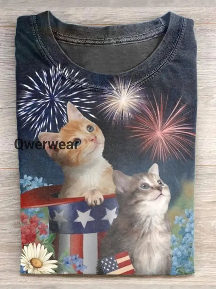 Women Independence Day Flag Cat Print Crew Neck T-shirt Mixed Color / S Women\’s Tops