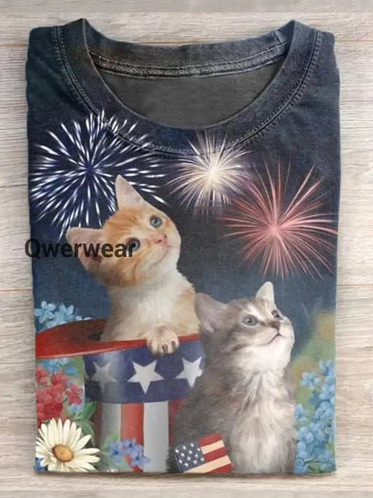 Women Independence Day Flag Cat Print Crew Neck T-shirt Mixed Color / S Women\’s Tops