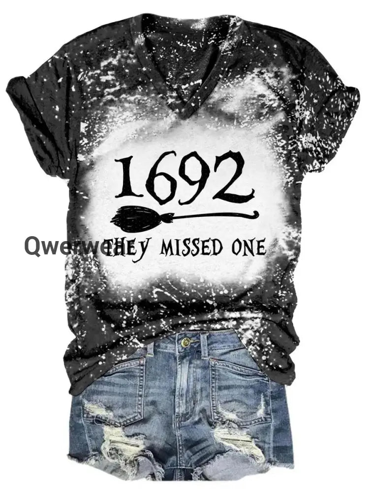 Women’s 1692 Witch Print Tie-Dye V-Neck T-Shirt Black / S