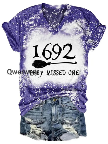 Women’s 1692 Witch Print Tie-Dye V-Neck T-Shirt Purple / S