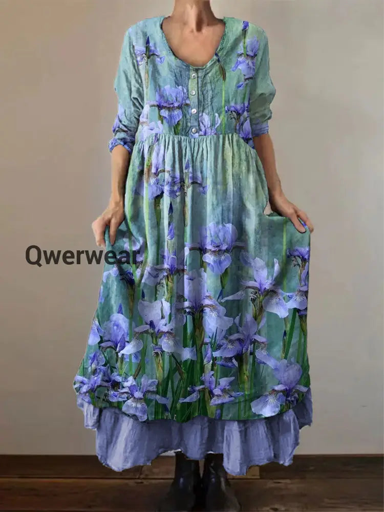 Women’s Alzheimer’s Awareness Purple Floral Iris Printed Dress Blue-Green / S