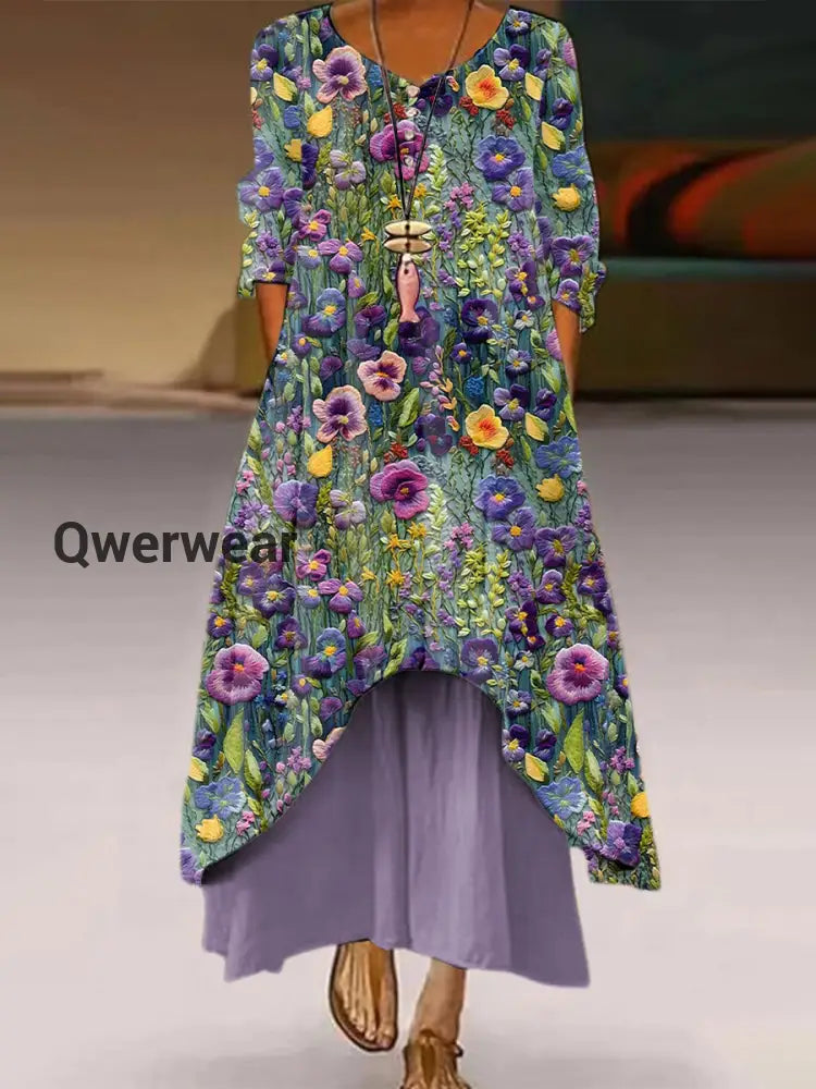 Women’s Alzheimer’s Awareness Purple Floral Printed V-Neck Elegant Chic Loose Long Sleeve Maxi Dress Purple / S