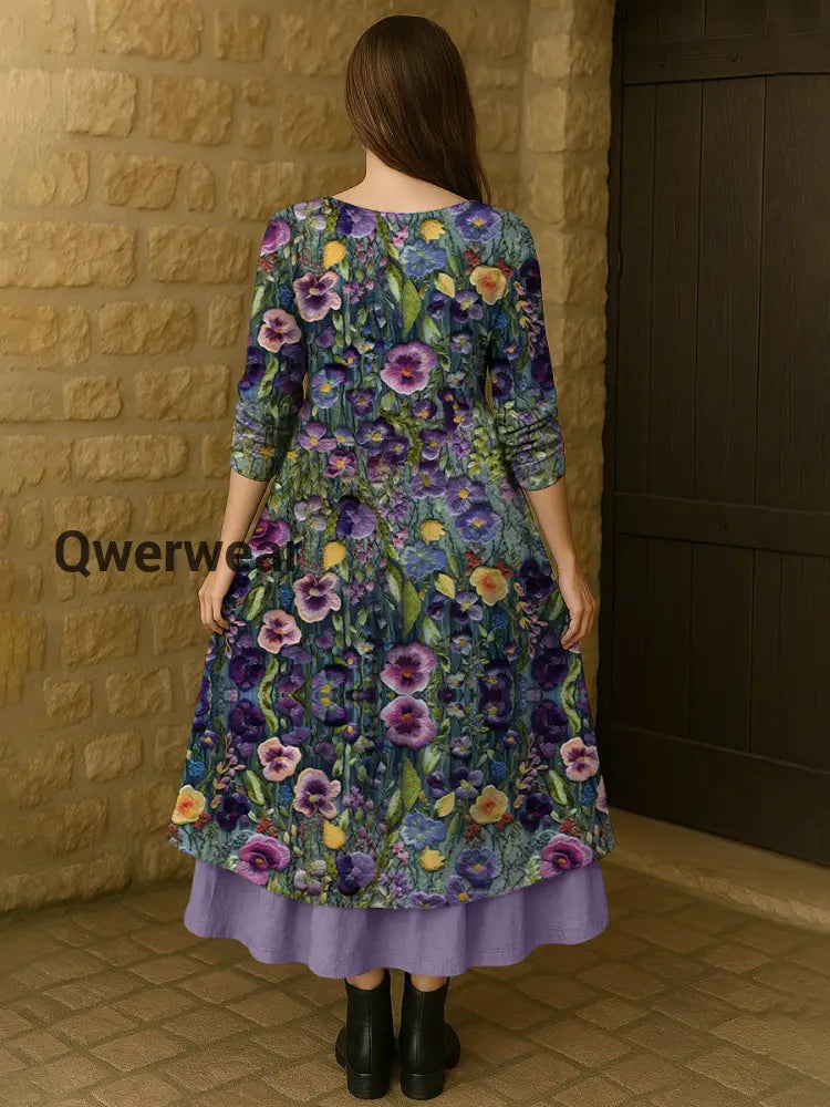 Women’s Alzheimer’s Awareness Purple Flower Printed Cotton Linen Long Sleeve Maxi Dress