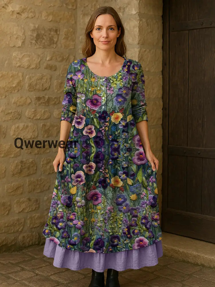 Women’s Alzheimer’s Awareness Purple Flower Printed Cotton Linen Long Sleeve Maxi Dress