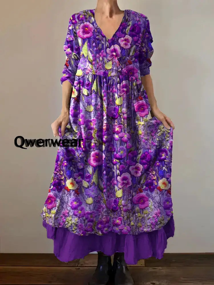 Women’s Alzheimer’s Awareness Purple Flower Printed Cotton Linen Long Sleeve Maxi Dress Purple-2 / S