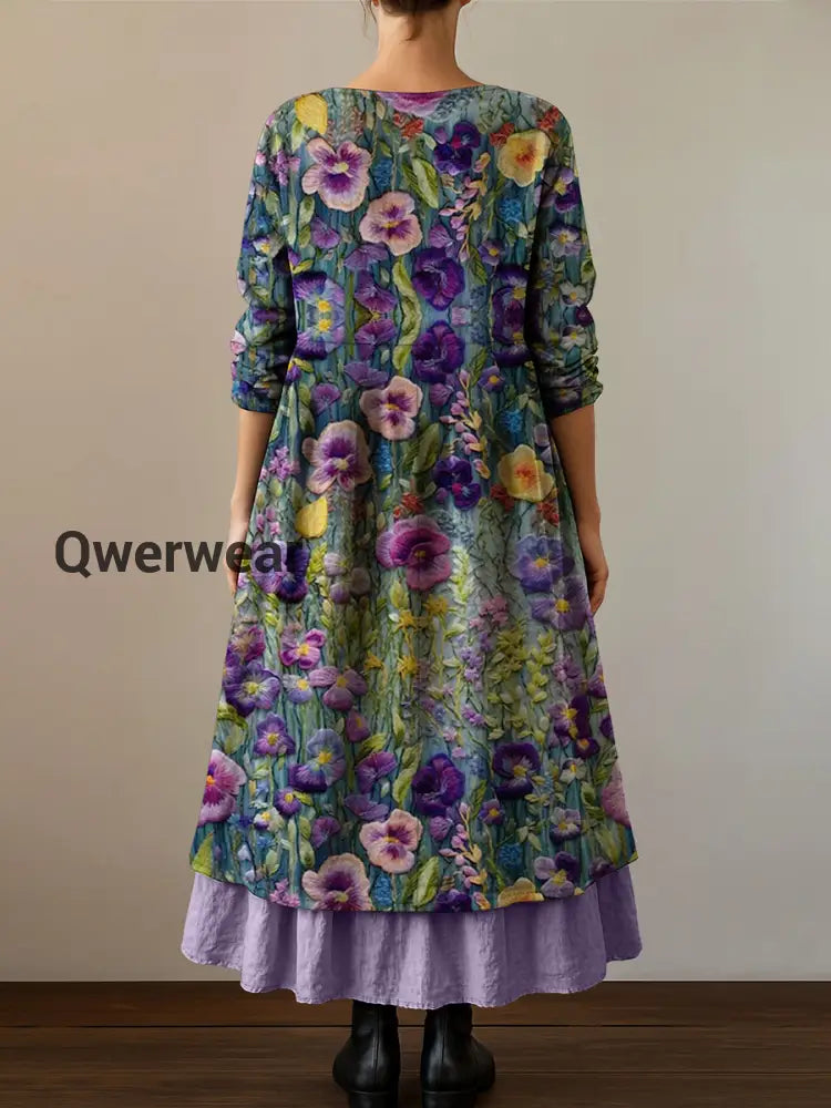 Women’s Alzheimer’s Awareness Purple Flower Printed Cotton Linen Long Sleeve Maxi Dress