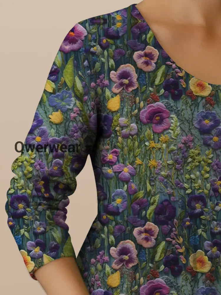 Women’s Alzheimer’s Awareness Purple Flower Printed Cotton Linen Long Sleeve Maxi Dress