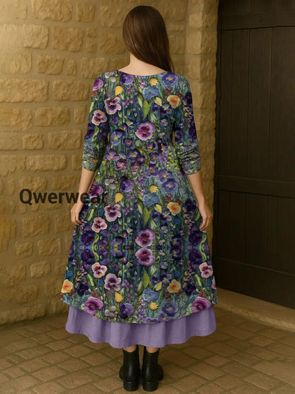 Women’s Alzheimer’s Awareness Purple Flower Printed Cotton Linen Long Sleeve Maxi Dress