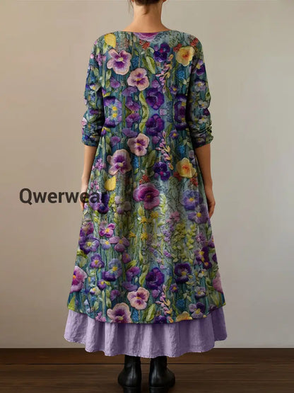 Women’s Alzheimer’s Awareness Purple Flower Printed Cotton Linen Long Sleeve Maxi Dress