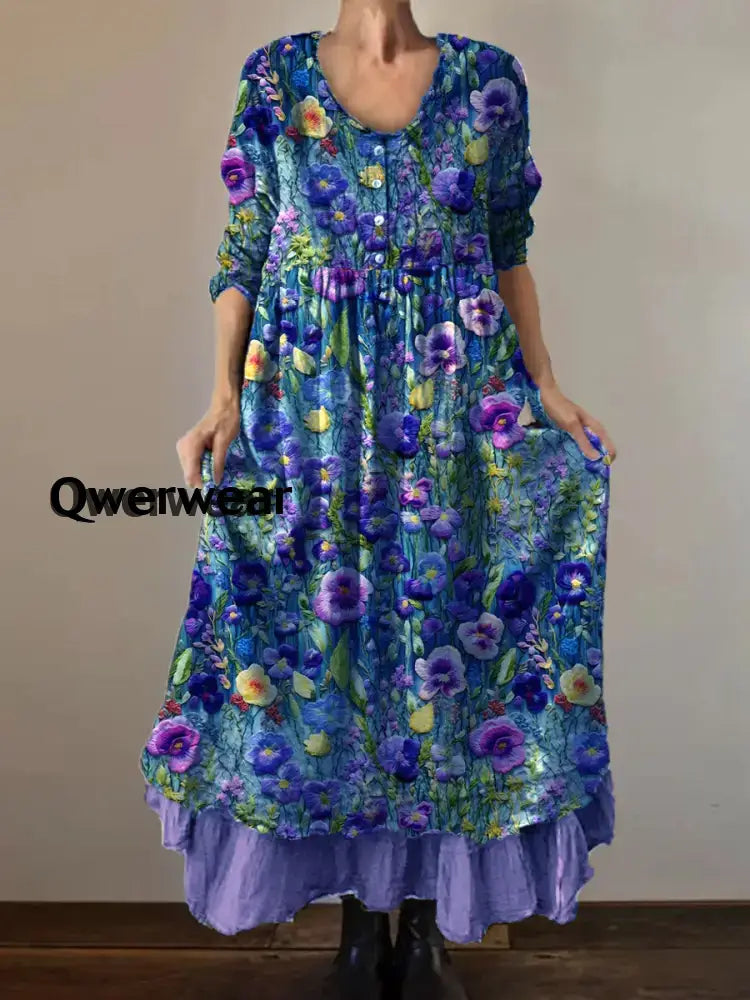 Women’s Alzheimer’s Awareness Purple Flower Printed Cotton Linen Long Sleeve Maxi Dress Blue / S