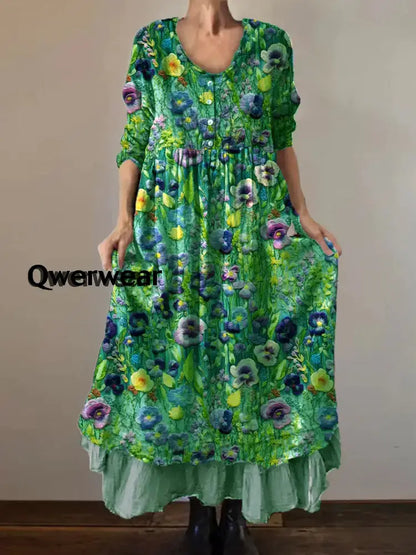 Women’s Alzheimer’s Awareness Purple Flower Printed Cotton Linen Long Sleeve Maxi Dress Green / S