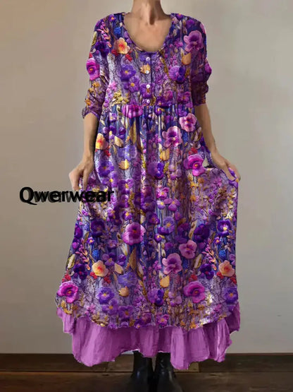 Women’s Alzheimer’s Awareness Purple Flower Printed Cotton Linen Long Sleeve Maxi Dress Modena / S