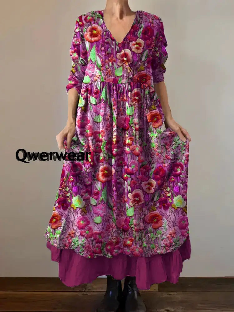 Women’s Alzheimer’s Awareness Purple Flower Printed Cotton Linen Long Sleeve Maxi Dress Pink / S