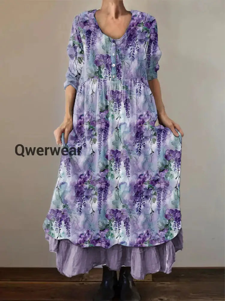 Women’s Alzheimer’s Awareness Purple Flower Printed Cotton Linen Long Sleeve Maxi Dress Purple / S