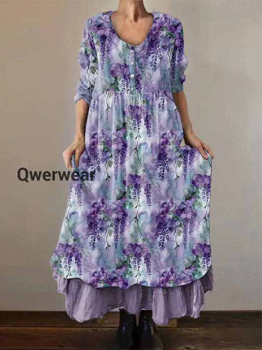 Women’s Alzheimer’s Awareness Purple Flower Printed Cotton Linen Long Sleeve Maxi Dress Purple / S