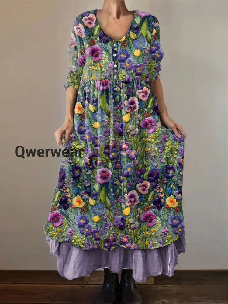 Women’s Alzheimer’s Awareness Purple Flower Printed Cotton Linen Long Sleeve Maxi Dress Purple / S