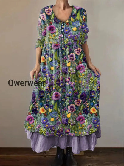 Women’s Alzheimer’s Awareness Purple Flower Printed Cotton Linen Long Sleeve Maxi Dress Purple / S