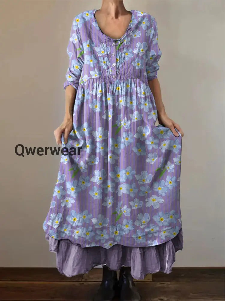 Women’s Alzheimer’s Awareness Purple Flower Printed Cotton Linen Long Sleeve Maxi Dress Purple / S