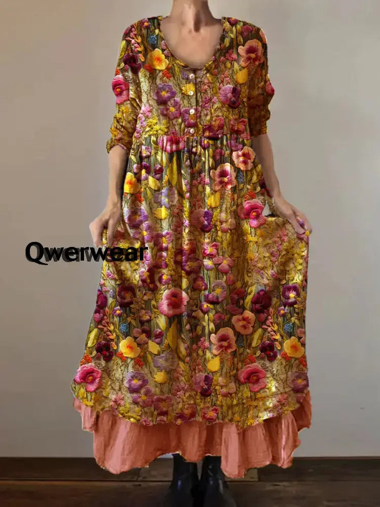 Women’s Alzheimer’s Awareness Purple Flower Printed Cotton Linen Long Sleeve Maxi Dress Yellow / S