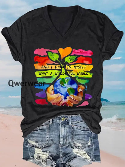 Women’s And I think to myself what a wonderful world Earth Day V-neck T-shirt Black / S
