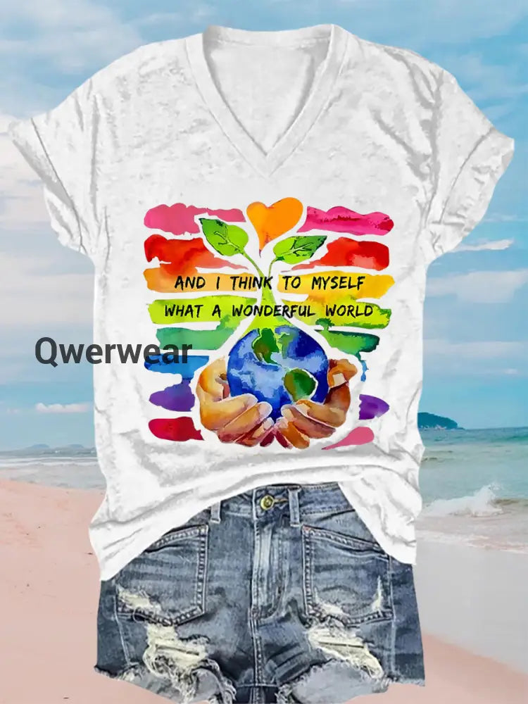 Women’s And I think to myself what a wonderful world Earth Day V-neck T-shirt White / S