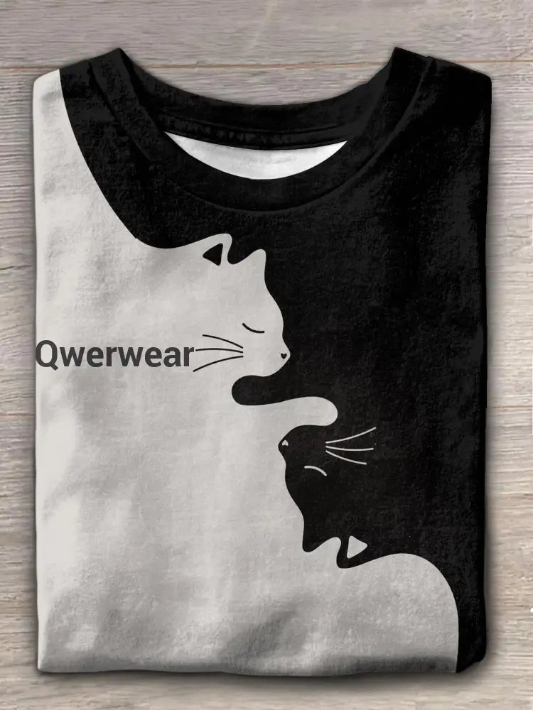 Women’s Black And White Cat Fashion Print Crew Neck T-shirt Mixed Color / S Christmas