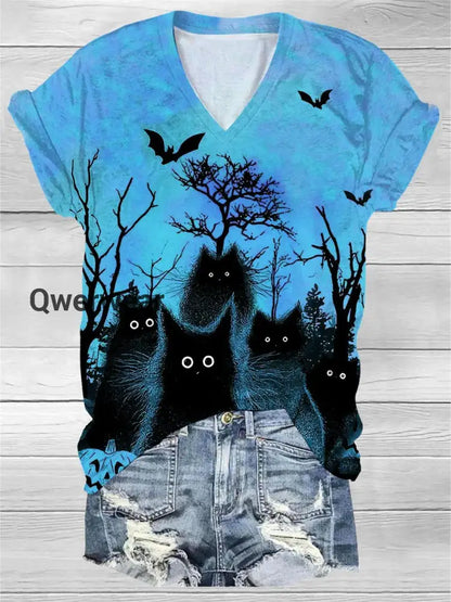 Women’s Black Cat Bat Art Pattern V-Neck Casual T-Shirt Blue / S