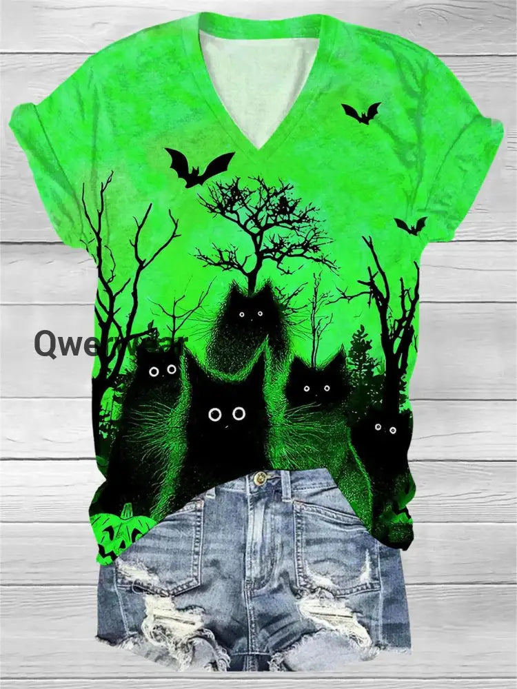 Women’s Black Cat Bat Art Pattern V-Neck Casual T-Shirt Green / S