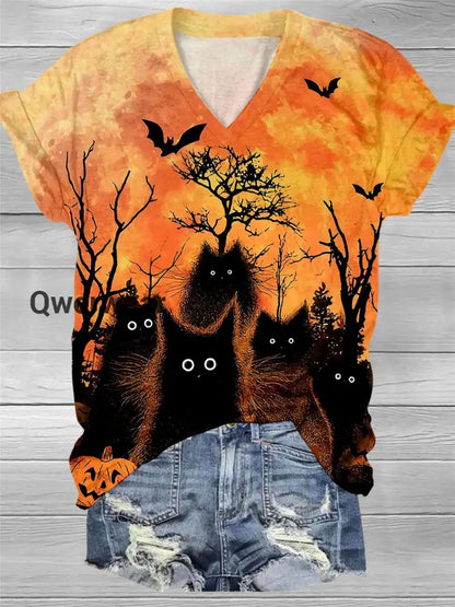Women’s Black Cat Bat Art Pattern V-Neck Casual T-Shirt Orange / S