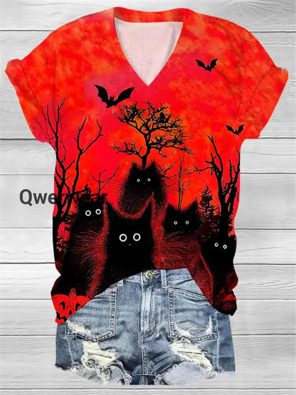 Women’s Black Cat Bat Art Pattern V-Neck Casual T-Shirt Red / S