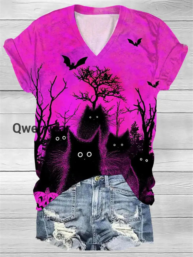 Women’s Black Cat Bat Art Pattern V-Neck Casual T-Shirt Rose red / S