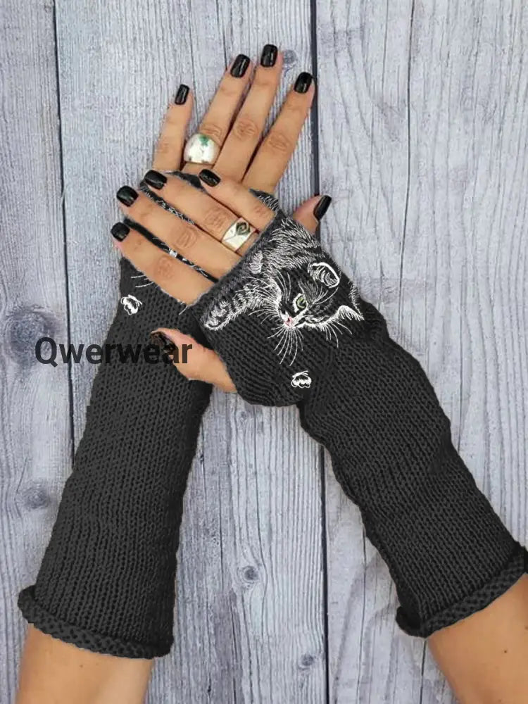 Women’s Cat Butterfly Print Knitted Gloves Black / JM