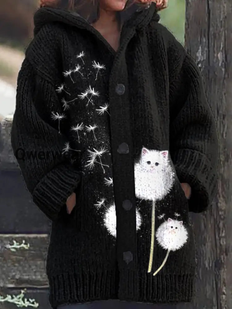 Women’s Cat Dandelion Pattern Casual Warm Button Up Hooded Cardigan Black / S