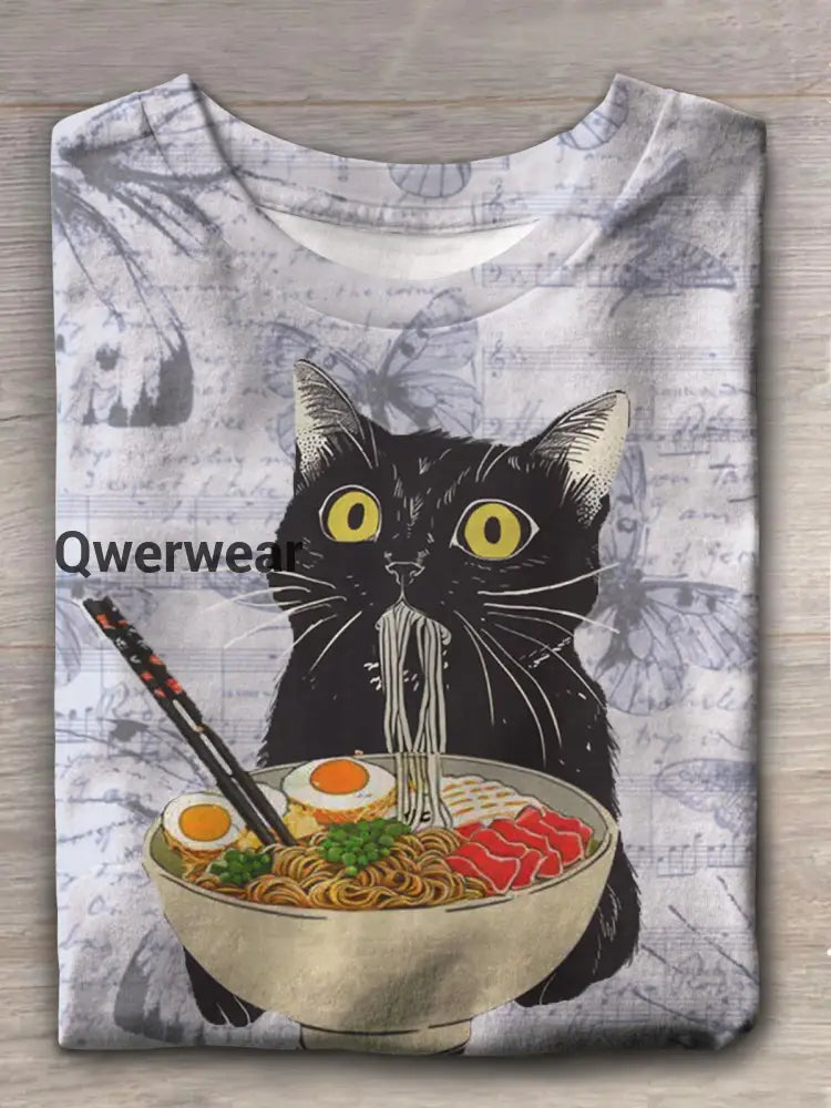 Women’s Cat Eating Noodles Funny Print Loose Casual T-shirt Dark Brown / S Women\’s Tops