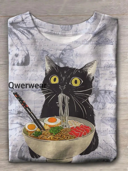 Women’s Cat Eating Noodles Funny Print Loose Casual T-shirt Dark Brown / S Women\’s Tops