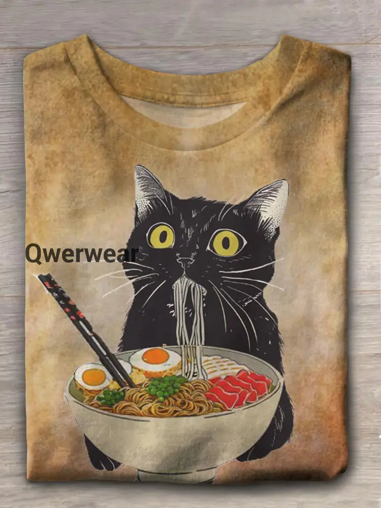 Women’s Cat Eating Noodles Funny Print Loose Casual T-shirt Mixed Color / S Women\’s Tops