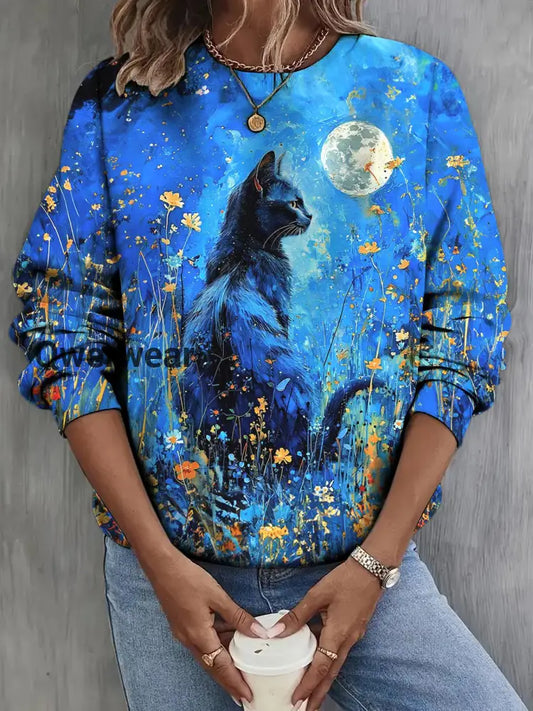 Women’s Cat Flower Field Night Sky Floral Print Casual Long Sleeve Top Mixed Color / S Women\’s Tops