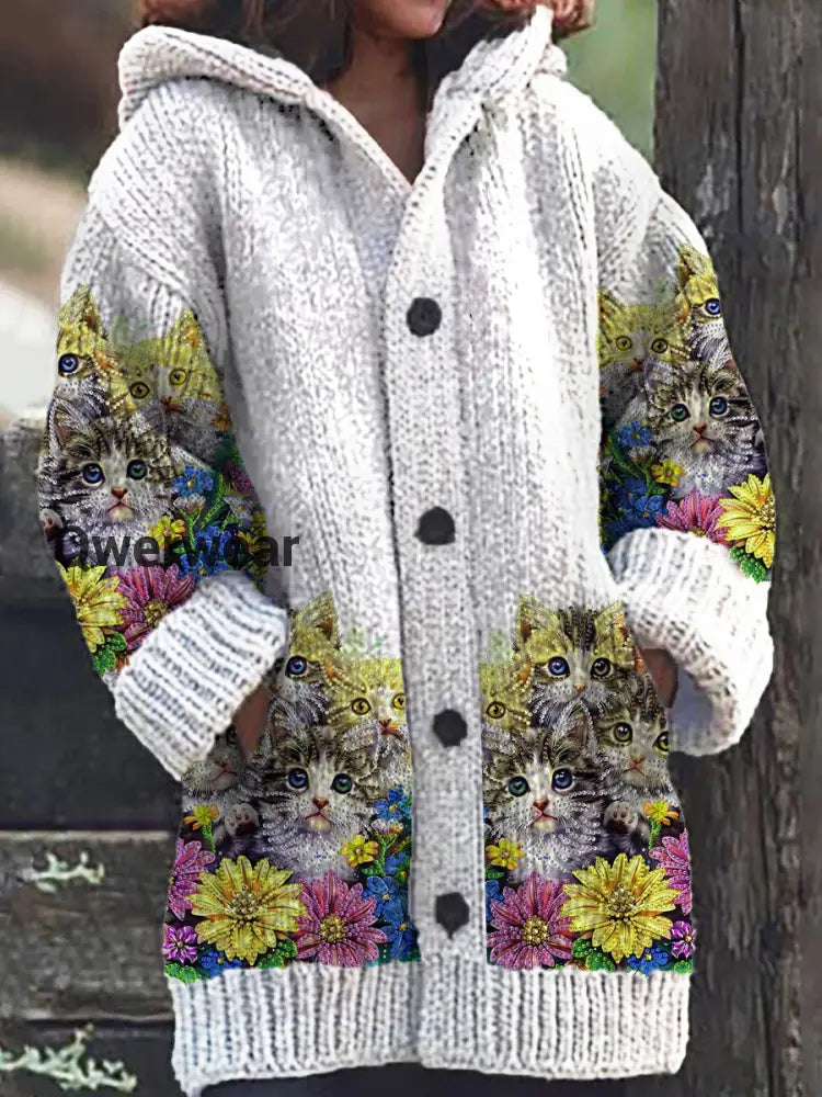 Women’s Cat Flower Pattern Button Casual Warm Hooded Cardigan White / S