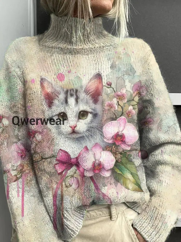 Women’s Cat Flower Pattern Warm Casual Turtleneck Sweater Colorful / S