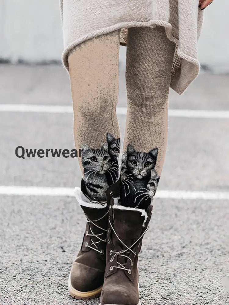 Women’s Cat Graphic Plush Casual High Waist Leggings Khaki / S