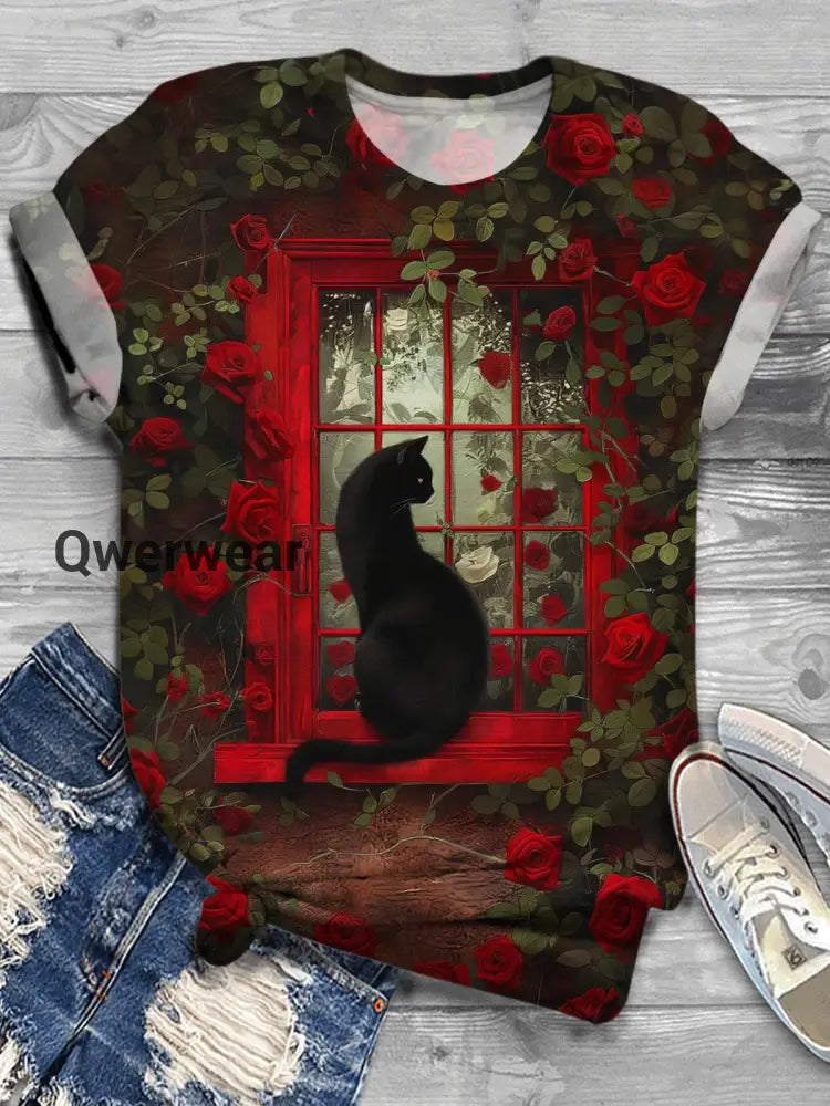 Women’s Cat In The Flowers Crew Neck T-shirt Mixed Color / S Women\’s Tops